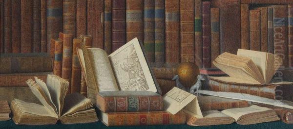 Stilleven Met Boeken, Deels Opengevouwen En Inktpot Oil Painting by Louis Block