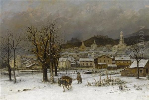 Winterlandschaft Mit Blick Auf Eine Schweizer Stadt Im Hintergrund (fribourg?) Oil Painting by Cherubino Pata