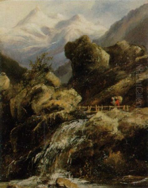 Kleiner Wasserfall Mit Holzsteg Oil Painting by Cherubino Pata