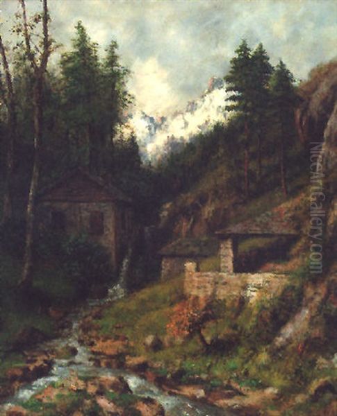 An Alpine River Landscape Oil Painting by Cherubino Pata