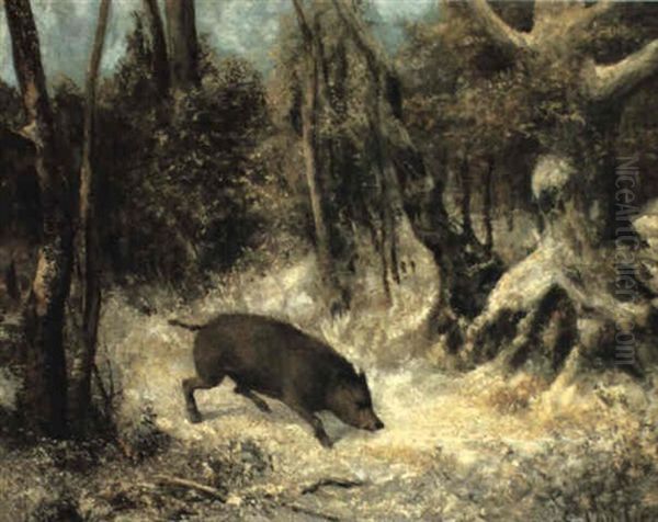 Wild Boar In The Snow Oil Painting by Cherubino Pata