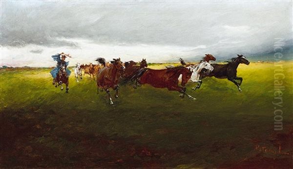 Horses Gallopping Oil Painting by Laszlo Pataky