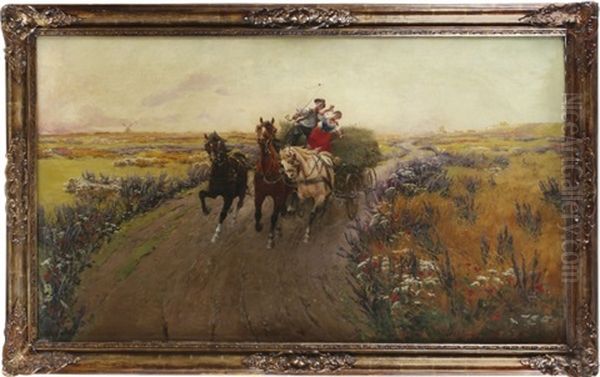 Vergnugtes Paar Auf Heuwagen In Pusztalandschaft Oil Painting by Laszlo Pataky