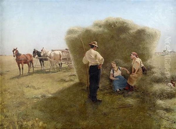 Bei Der Heuernte. Im Schatten Eines Grosen Ballens Ruhen Sich Zwei Bauerinnen Aus Oil Painting by Laszlo Pataky