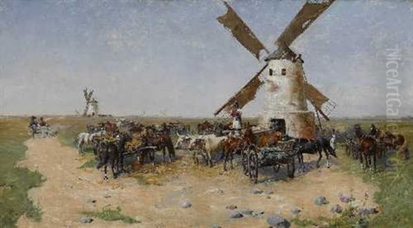 Pusztalandschaft Mit Bauern Bei Einer Windmuhle Oil Painting by Laszlo Pataky