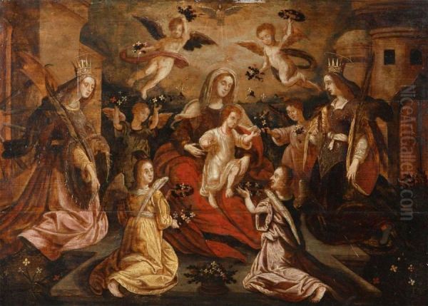 The Adoration Of Mary By Saint Catherine And Saint Barbara Oil Painting by Anthonie Blocklandt Montfoort