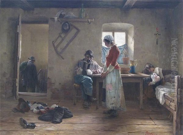 Interior Scene With A Family Oil Painting by Laszlo Pataky