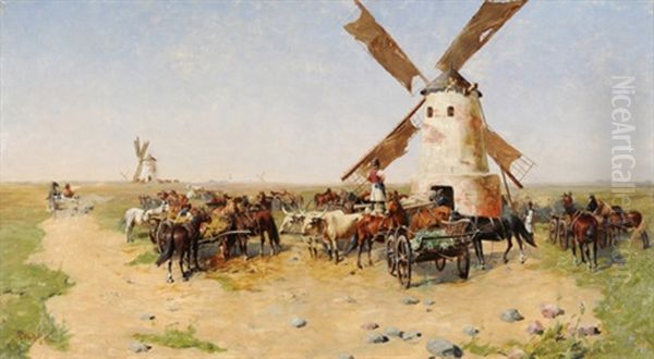 Puszta Muhlen Mit Diversen Pferde- Und Rinderfuhrwerken Oil Painting by Laszlo Pataky