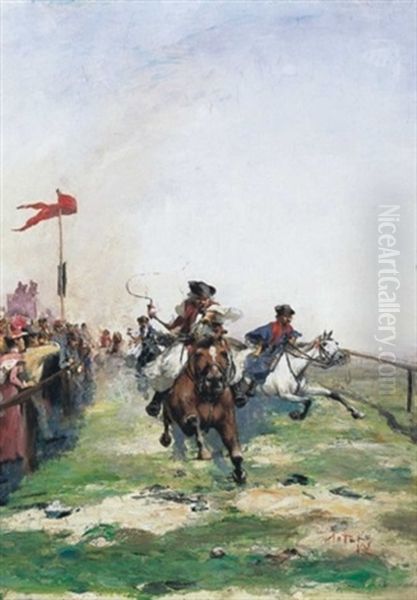 Loverseny (horse Derby) Oil Painting by Laszlo Pataky