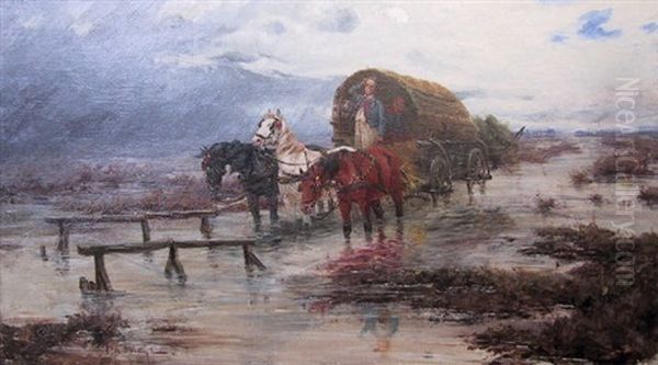 Peasant Wagon Crossing A Flooded Marsh Oil Painting by Laszlo Pataky