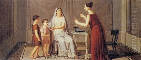 Cornelia, Madre Dei Gracchi, Mostra I Figli All'amica Che Mostra Le Perle, Dicendo Questi Sono I Miei Gioielli Oil Painting by Giuseppe Patania