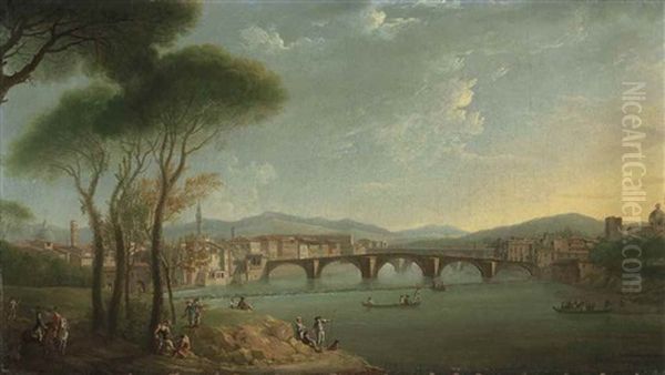 A View Of The Arno, Florence, From The Cascine Gardens, With Figures Fishing And Resting On The Rocks In The Foreground, The Ponte Alla Carita And The Ponte Vecchio Beyond Oil Painting by Thomas Patch