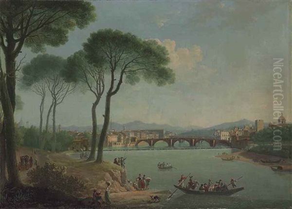 A View Of The Arno, Florence, From The Cascine Gardens, With The Ponte Alla Carita, The Ponte Vecchio Beyond Oil Painting by Thomas Patch