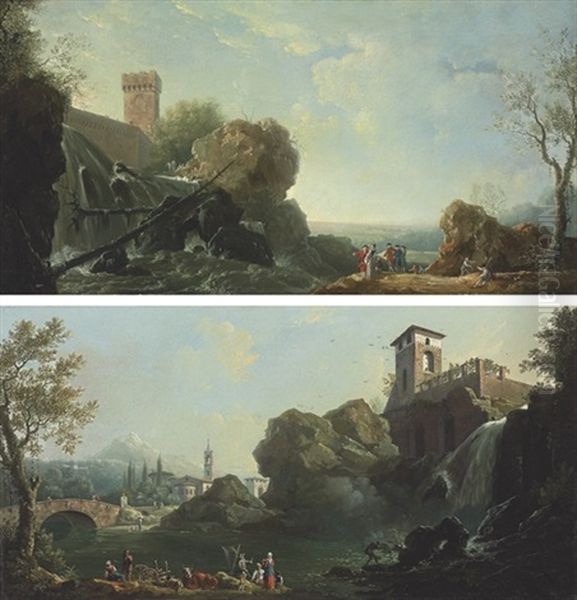 An Italianate Landscape With Elegant Figures By A Waterfall (+ An Italianate River Landscape With Fishermen; Pair) Oil Painting by Thomas Patch