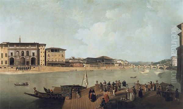 Florence, A View Of The River Arno At Carnival, With The Uffizi And The Ponte Alle Grazie Oil Painting by Thomas Patch