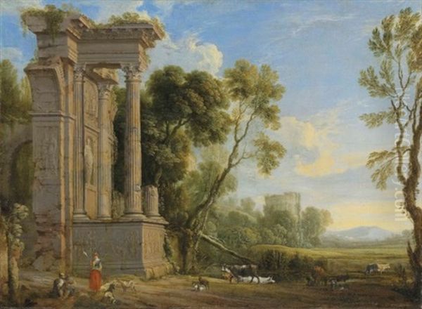 An Italianate River Landscape With Figures Resting By Ruins With Their Herd Oil Painting by Pierre Patel