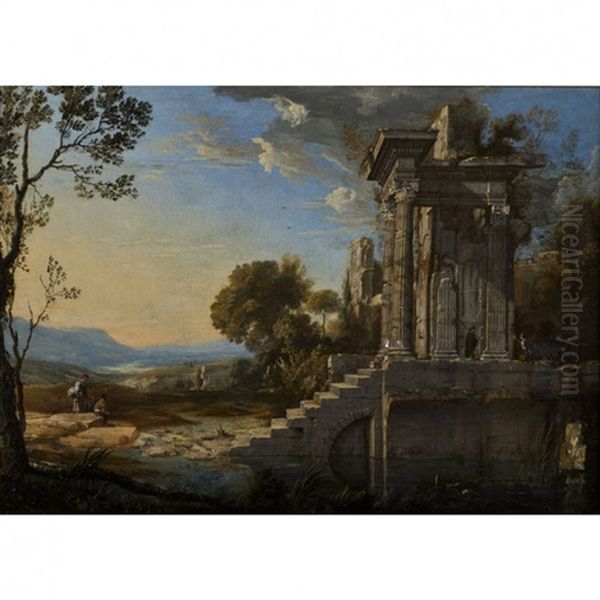 Paysage De Ruines Avec Un Grand Escalier Oil Painting by Pierre Patel