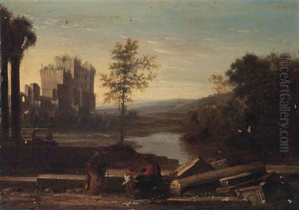 An Italianate Landscape With Classical Figures Amongst Ruins Oil Painting by Pierre Patel