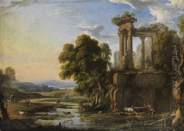 Paysage Au Crepuscule Avec Des Bergers Pres D'un Temple De Vesta Oil Painting by Pierre Patel