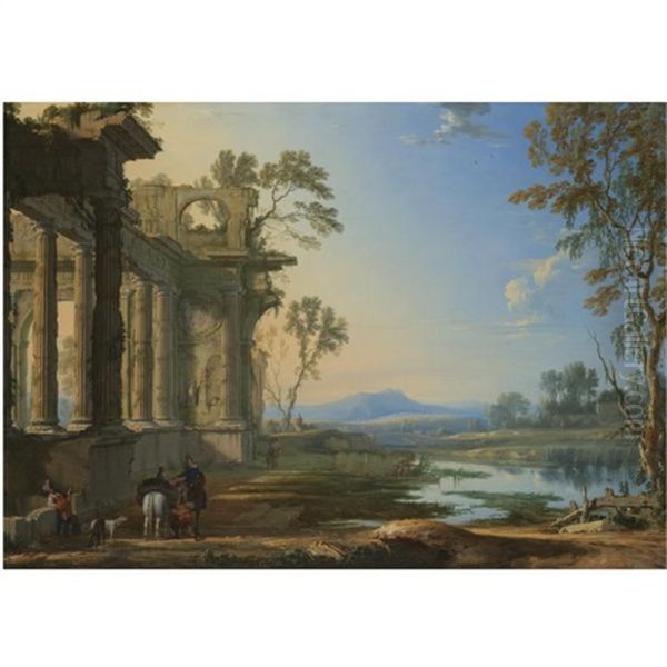 A Landscape At Evening With Travellers And A Hunter Near Classical Ruins Oil Painting by Pierre Patel