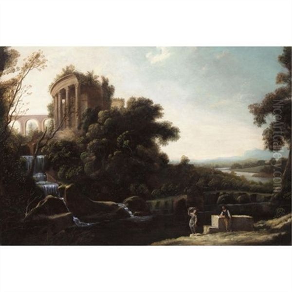 A River Landscape With Figures Resting Beneath A Capriccio View Of The Temple Of Vesta At Tivoli Oil Painting by Pierre Patel