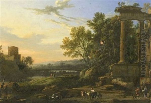 Figures And Livestock In A Pastoral Landscape With Ruins Oil Painting by Pierre Patel