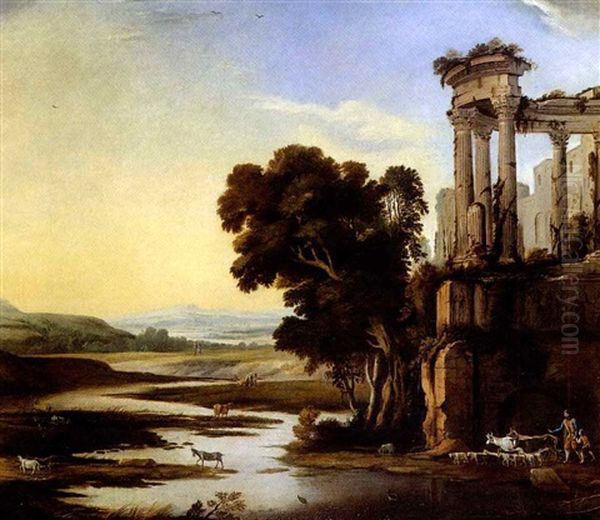 Bergers Dans Un Paysage Avec Un Temple Antique En Ruine Oil Painting by Pierre Patel