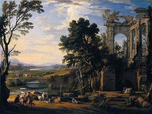 A Classical Landscape With Drovers And Animals Resting On The Banks Of A River Before A Set Of Ruins, Animals And Figures Crossing A Bridge Beyond Oil Painting by Pierre Patel