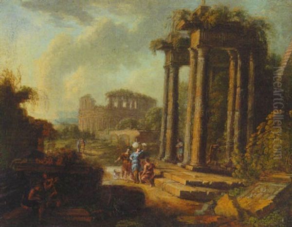 An Arcadian Landscape With Travellers Resting Before A Ruined Archway Oil Painting by Pierre Patel