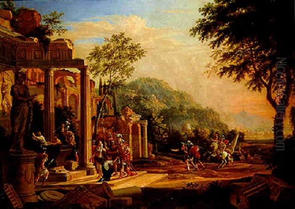 Roman Soldiers Pillaging A Tomb Among Classical Ruins, A City On Fire Beyond Oil Painting by Pierre Patel