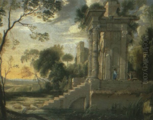 Landscape With Peasants Conversing By Classical Ruins Oil Painting by Pierre Patel