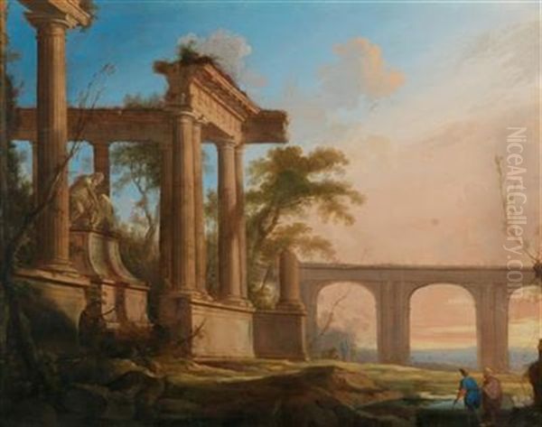 Landscape With Ruins And An Aqueduct Oil Painting by Pierre Antoine Patel