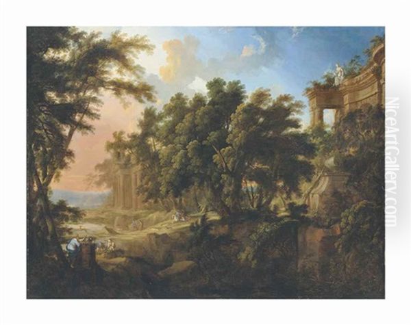 A Stag Hunt In An Extensive Wooded Landscape With Ruins Oil Painting by Pierre Antoine Patel