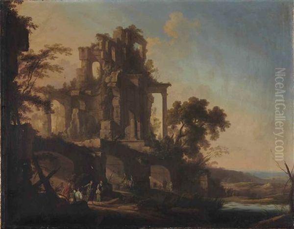 Paysage Avec Un Grand Edifice Ruine Anime De Figures Oil Painting by Pierre Antoine Patel