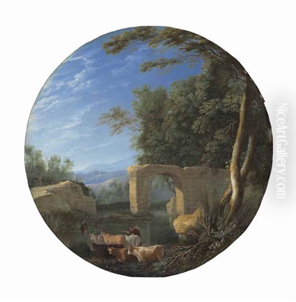 Landscape With A Ruined Bridge And Herders Leading Their Cattle Oil Painting by Pierre Antoine Patel