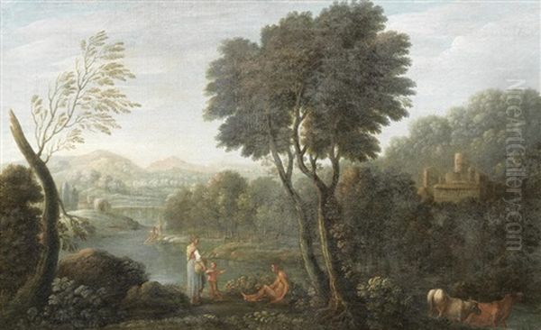 An Italianate Landscape With Figures On A Riverbank by Pierre Antoine Patel