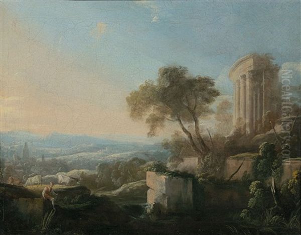 Paysage Classique Avec Un Patre Assis Sur Un Rocher Et Le Temple De Vesta Oil Painting by Pierre Antoine Patel