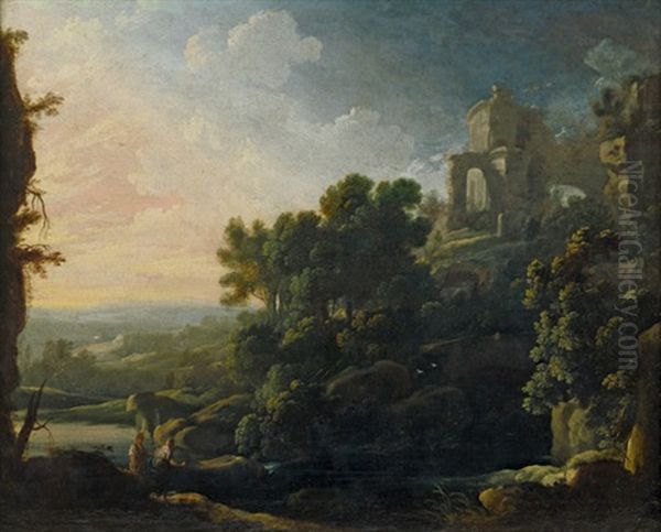 Arkadische Landschaft Mit Antiken Ruinen Und Wanderern Oil Painting by Pierre Antoine Patel