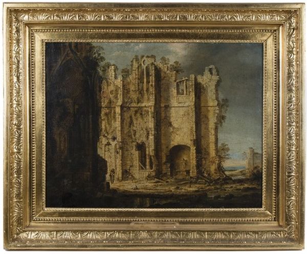 Gothic Church Ruin With Shepherd And Sheep, The Fund Bluish Landscape Oil Painting by Pierre Antoine Patel