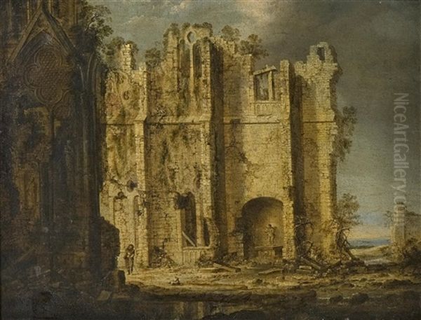 Gotisk Kyrkoruin Med Herde Och Far, I Fonden Blanande Landskap Oil Painting by Pierre Antoine Patel