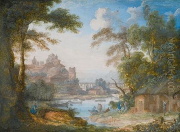 Two River Landscapes: A) With Men By A Shed; B) With Ladies Gathering Flowers (2 Works) Oil Painting by Pierre Antoine Patel