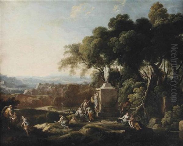 Females Making Offerings To A Statue Of Ceres In A Wooded Landscape, A Village And Mountains Beyond Oil Painting by Pierre Antoine Patel