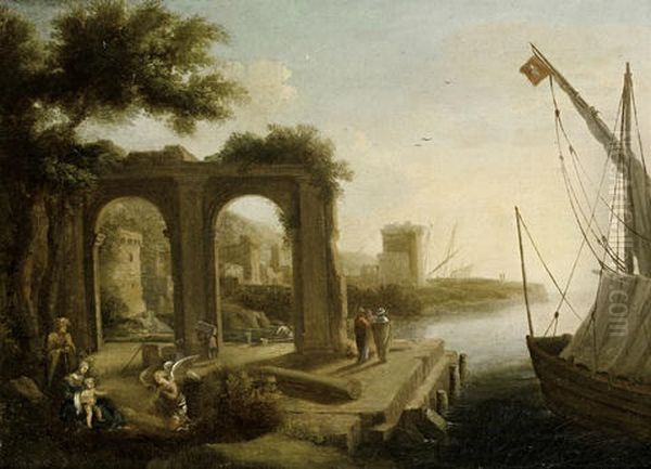 A Mediterranean Port With Figures Before A Ruined Arch Oil Painting by Pierre Antoine Patel