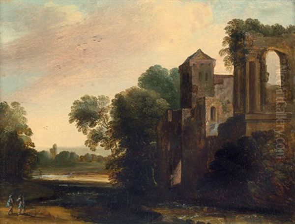 Italianisante Landschaft Mit Einer Burgruine, Im Vordergrund Zwei Landsknechte Oil Painting by Pierre Antoine Patel