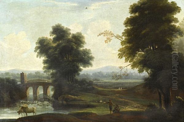 Peasants Grazing Their Cattle Before An Italianate Landscape With A Bridge In The Distance Oil Painting by Pierre Antoine Patel