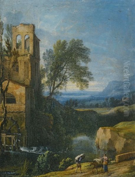 A River Landscape With A Watermill To The Left And Figures With A Donkey In The Foreground Oil Painting by Pierre Antoine Patel