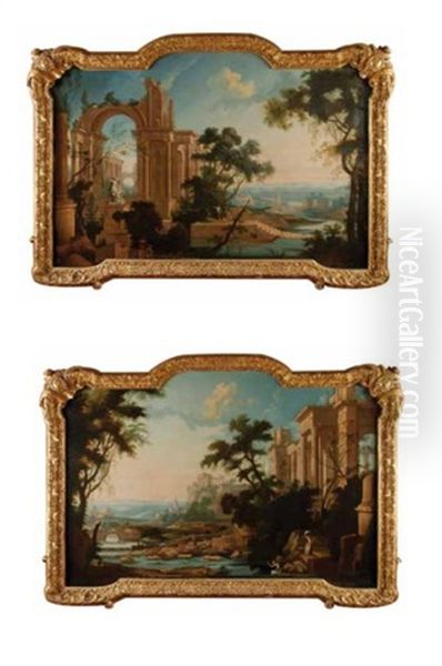 Paysage Aux Lavandieres Et Promeneur (+ Paysage Aux Promeneurs Dans Une Architecture Antique; Pair) Oil Painting by Pierre Antoine Patel