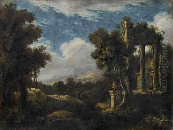 A Wooded Landscape With Figures Before Ruins Oil Painting by Pierre Antoine Patel