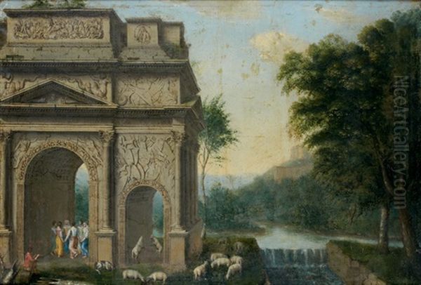 Temple Pres D'un Cours D'eau Oil Painting by Pierre Antoine Patel