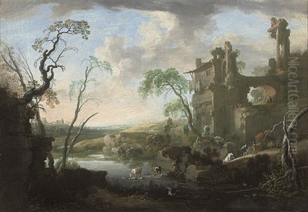 An Italianate Landscape With Drovers And Their Herd By A River Oil Painting by Pierre Antoine Patel